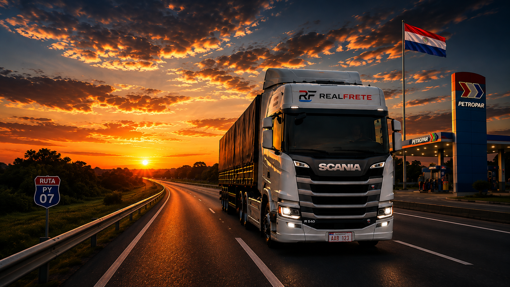 Camión Scania en Ruta PY 07 al atardecer con bandera del Paraguay y estación Petropar